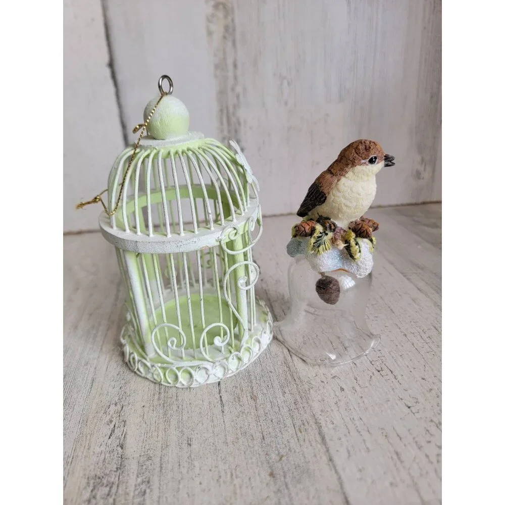 Vintage bird bell cage pinecone ornament Xmas set woods‎
